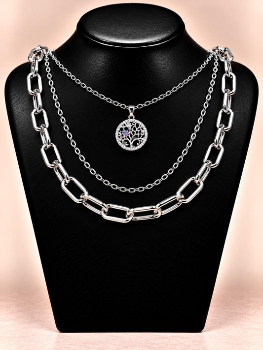 Collar triple plateado con dije árbol de la vida