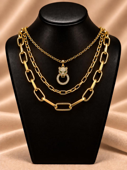 Collar dorado triple leopardo con circulo